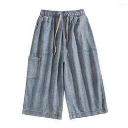Men's Jeans Men Denim Shorts Summer Cropped Cargo Trousers With Drawstring Elastic Waist Multi Pockets Loose For Comfort