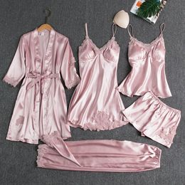 5PC Silk Robe Sleep Suit Womens Lace Satin Pyjamas Gown Set VNeck Cami Nighties Wear Pijama Home Nightwear Spring Nightdress 240518