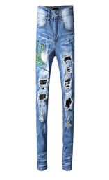 Men Distressed Ripped Jeans Fashion Designer Straight Motorcycle Biker Jeans Mens Snake Embroidery Distressed Patches Leather Snea8302398