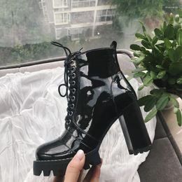 Boots Autumn Women Shoes Comfort Platform Chunky Heel Patent Leather Ankle Female Fashion Round Toe Lace Up Booties