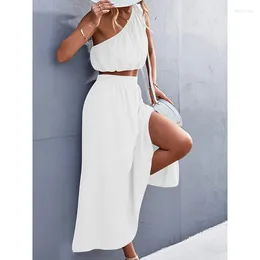 Work Dresses 2024 Summer Ladies Sexy Slant Shoulder Short Top Dress Solid Colour Two Piece Women's Set Evening Party Selling Prom