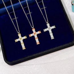 925 Sterling Silver Plated Gold X Cross Ten Stone Diamond Necklaces for Women Classic Luxury Fashion Brand Party Fine Jewellery 240515