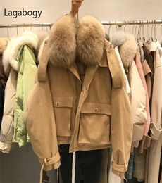 Lagabogy Real Fur Collar Winter 90 White Duck Down Coat Women Loose Thick Parkas Female Vintage Pocket Puffer Jacket 2111268243996