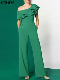 Plus Size 5XL VONDA Elegant Office Jumpsuits Women Long Rompers 2024 Summer Casual Solid Colour Ruffled Off Shoulder Overalls 240518