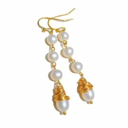 Dangle Earrings Beautiful Natural White Round Fresh Water Pearl 14k Gold Handmade Formal Bridal Wedding Minimalist Casual Hoop