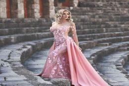 Stunning Overskirt Evening Dresses Mermaid Off The Shoulder Formal Dress With Long Sleeves 3D Appliqued Tulle Beaded Plus Size Pro8800608