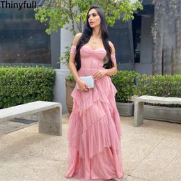 Party Dresses Thinyfull Pink A Line Corset Prom Off Shoulder Tulle Tiered Evening Formal Occasion Dress For Women Custom