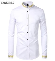 Gold Embroidery White Shirt Men Brand New Stand Collar Mens Dress Shirts Casual Slim Long Sleeve Chemise Homme Camisa Masculina C12813468