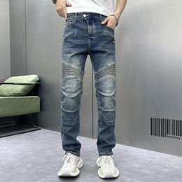 Men's Jeans Blue Retro Biker's For Men2024 Slim Straight Stretch Casual Patchwork Pleated Design Long Pants