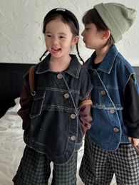 Jackets Coat Cotton Material Cowboy Irregular Vest Boys Girls Rough Edge Jacket Children Autumn Soild Button Decorate