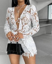 Women's Tracksuits Fashion 2024 Summer Casual Sexy Womens Two Piece Sets Outfit Long Sleeve Guipure Lace Top Shorts Set Female Clothing