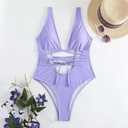 Women's Swimwear 2024 Sexy Cross One Piece Swimsuit Purple Cut Out Women Bathing Swimming Suit Female Beachwear Outdoor Bodysuit