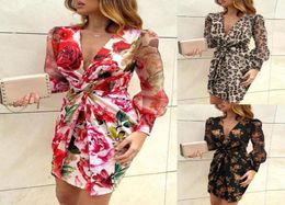 Casual Dresses Women Sexy Print Long Sleeve V Neck Vestido Corto Estampado Mini Dress Holiday Vintage Clothes Leopard3181306