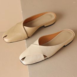 Casual Shoes Women's Genuine Leather Peep Toe Slip-on Flats Summer Mules High Quality Soft Comfortable Female Sandals Slides