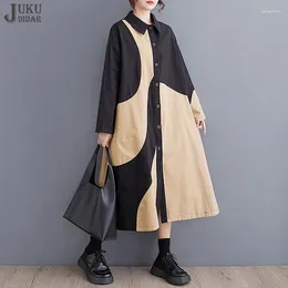 Casual Dresses Black Khaki Patchwork Korean Style Loose Fit Tide Woman Big Size Long Shirt Dress Hit Color Design Large Robe JJXD649