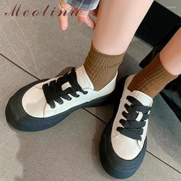 Casual Shoes Meotina Women Genuine Leather Round Toe Platform Flat Sneaker Concise Design Lace-up Heels Ladies Autumn Spring Black 40