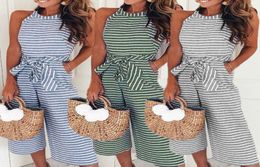 Elegant Sexy Jumpsuits Women Sleeveless Striped Jumpsuit Loose Trousers Wide Leg Pants Rompers Holiday Belted Leotard Overalls9850697