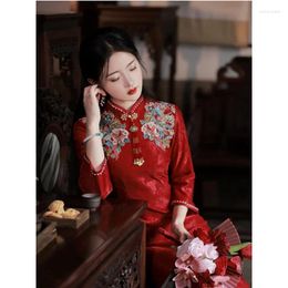 Ethnic Clothing Yourqipao Red Cheongsam Chinese Wedding Toast Wear For Women Long-sleeved Gowns Bridal Engagement Dress