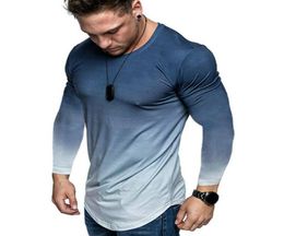 HIRIGIN Men039s Gym T shirt Gradient Slim Muscle Fit Long Sleeve Cotton Curved Hem TShirts Men Casual Gradient Pullover Tops M8702987