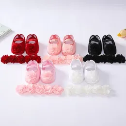 First Walkers Spring Born Girl Infant Shoes Baby Lace Flowers Head Band Anti-Slip Soft Sole Toddler Kids Cotton Baptism