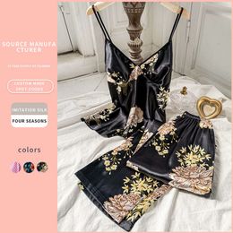 Danilin Seksowna i modna drukowana sukienka bez pleców do kobiecej symulacji jedwabnej odzieży domowej Casual Pajama