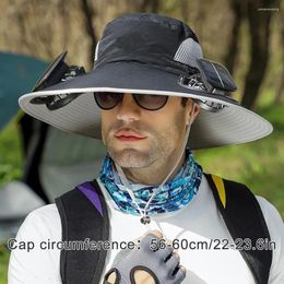 Berets Men Solar Charging Fan Fisherman Hat Multi-Purpose Detachable Outdoor Riding Big Brim Fishing Hats Large Wind