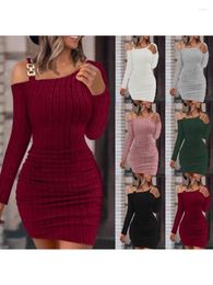 Casual Dresses Autumn And Winter Women's Solid Color Metal Buckle Diagonal Shoulder Neck Tight Wrapped Hip Slim Fit Sexy Long Sleeved Dress