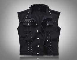 Men039s Vests Spring Denim Vest Men British Style Rivet Cowboy Sleeveless Jackets Fashion Slim Fit Black Jean Waistcoat 5XL9247442