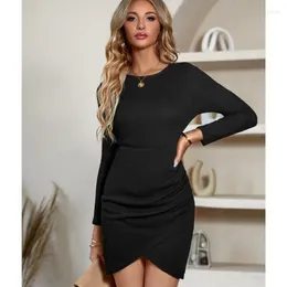 Casual Dresses Autumn And Winter Temperament Fashion Women's Round Neck Solid Color Waist Wrapped Long Sleeve Hip Wrap Dress