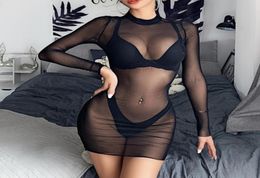 Women Sexy See Through Swimwear Long SleeveMesh Sheer Bikini Cover Up Beach Dress Summer Clubwear Party Bathing Suit3942045