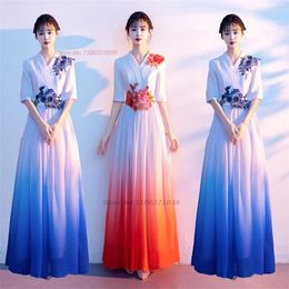 Ethnic Clothing 2024 Chinese Improved Qipao National Flower Embroidery Gradient Colour Cheongsam Oriental Vintage Banquet Evening Dress