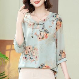 Women's Blouses Chinese Style Chiffon Silk Blouse 2024 Summer Elegant Flowers Print Shirts Female Three Quarter Sleeve Soft Tops