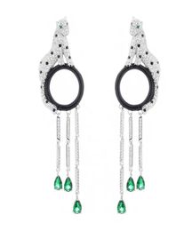 Luxury Brand Party Jewelry Women Panthere Earrings 3D Full Diamond Leopard Drop Earrings Tassels Drop Water Green Stone Panthe7571142