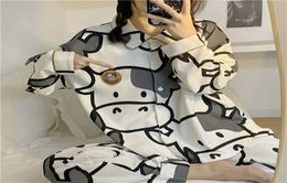 QWEEK Cow Print Pyjamas Two Piece Set Autumn Pijamas Women Cotton Cute Home Clothes Pyjamas Sleepwear Japanese Style Kawaii 2201141742624