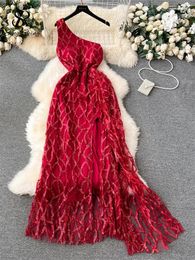 Casual Dresses SINGREINY Fashion Sequin Sparkling Evening Dress 2024 High Quality Slash Neck Strapless Slim Fit Split Irregular Mesh Long