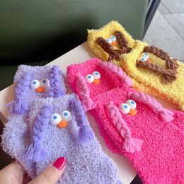 Women Socks 3D Big Eyes Pattern Fluffy Girls Fleece Home Floor Sleeping Cartoon Funny Long Braid Plush Middle Thick