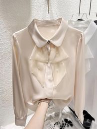 Women's Blouses Women Blouse Korean Fashion Style Lapel Spliced Pearl Beading Ruffle Shirt 2024 Spring Summer Casual Sweet Female Clothes