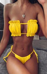 Women039s Swimwear Ribbed Bikinis String Ruffle Swimsuit 2021 Bandeau Folds High Cut Two Piece Bathing Suits Yellow Bikini Set5654611