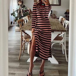 Casual Dresses Women Striped Print Maxi Dress Loose V Neck Long Sleeve Side Split Holiday Boho Basice For Autumn Longues Robes