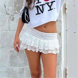 Skirts Women Y2K Ruffle White Mini Skirt Low Rise Asymmetrical Pleated Skater Layered Hem Lace Short