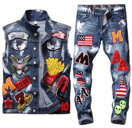 Mens Jeans Suit Washed Embroidered Skull Paint Cowboy Vest Small Straight Embroidered Flag Badge Paint Slim Jeans Street Style 27440827