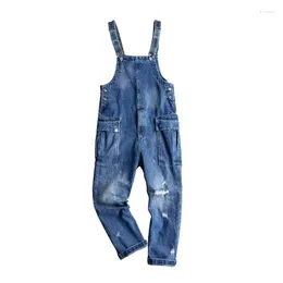 Men's Jeans Men Big Side Pockets Cargo Denim Bib Overalls Loose Blue Ripped Distressed Casual Jumpsuits Coveralls For Youth Man