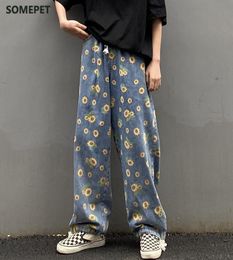 Women Loose Denim Jeans Printed Blue Wide Leg Pants Flower Pattern Harajuku Women's3035726