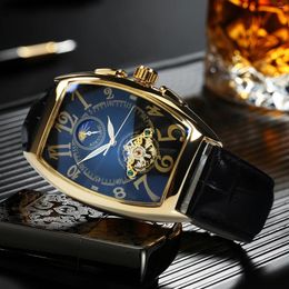 Wristwatches AOKULASIC Retro Tourbillon Watch For Men Gold Tonneau Moon Phase Skeleton Automatic Mechanical Watches Leather Strap Luminous