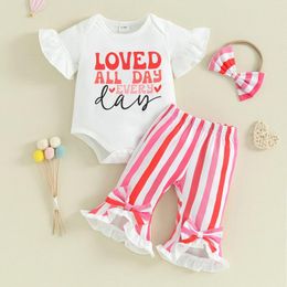 Clothing Sets FOCUSNORM 0-12M Infant Baby Girls Lovely Clothes 3pcs Outfits Letter Print Short Sleeve Rompers Bowknot Stripe Flare Pants