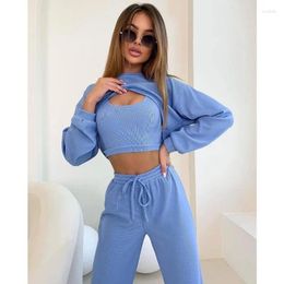 Women's Two Piece Pants Three-piece Suit Women Y2k Crop Top Underwear Sets Sportswear Hollow Out Sexy Slim O-neck Long Sleeve Tops Solid