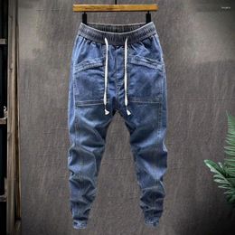 Men's Pants Elastic Waist Jeans Stylish Denim Cargo With Waistband Drawstring Casual Solid Colour Harem For Spring