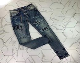 HM 330 blue High quality Mens jeans Distressed Motorcycle biker jean Rock Skinny Slim Ripped hole stripe Fashionable snake embroid8152640