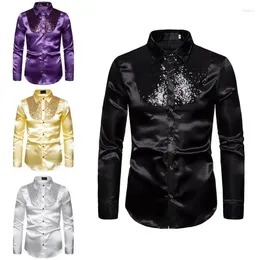 Men's Dress Shirts Men Top Stage Dance Nightclub Prom Costume Luxury Sequin Glitter Long Sleeve Silk Satin Shiny Disco Party Shirt