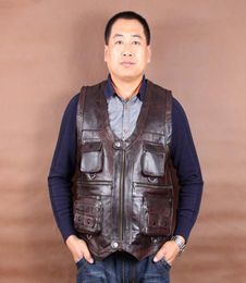 Leather Vest Mens Sleeveless Jackets Pockets Vests Waistcoat Autumn Winter Dark Brown L6XL New Arrival Genuine4295269